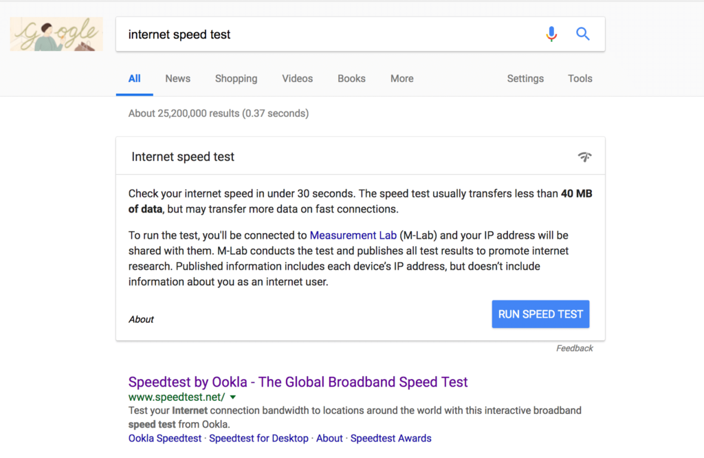 Internet speed test on google