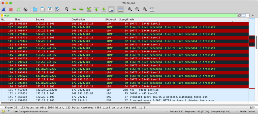 Full packet capture of a traceroute run