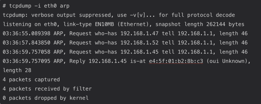 Running tcpdump to capture ARP packets.
